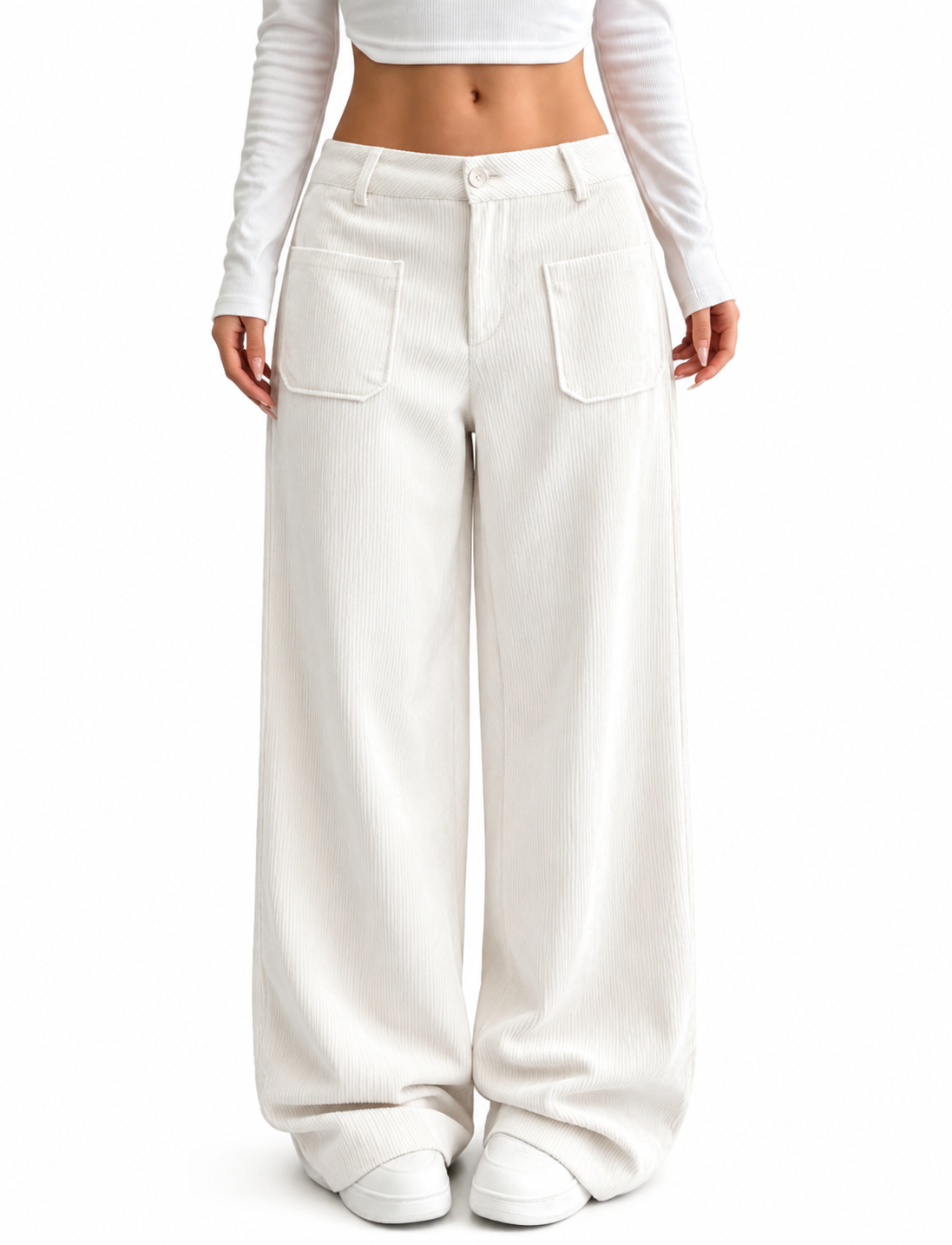 Pantalones de pierna ancha blancos con cintura elástica y bolsillos tipo parche