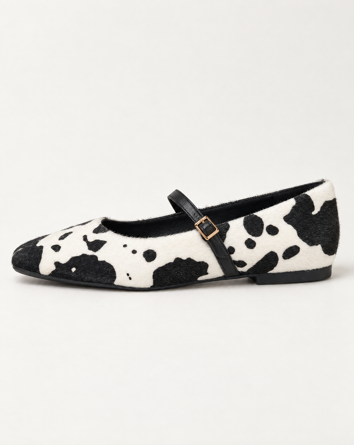 Ballerina Mary Jane RY89 Mucca bianco e nero con laccetto nero e fibbia dorata – vista laterale