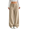 Pantalones de pierna ancha beige para mujer, cintura con botón y bolsillos delanteros